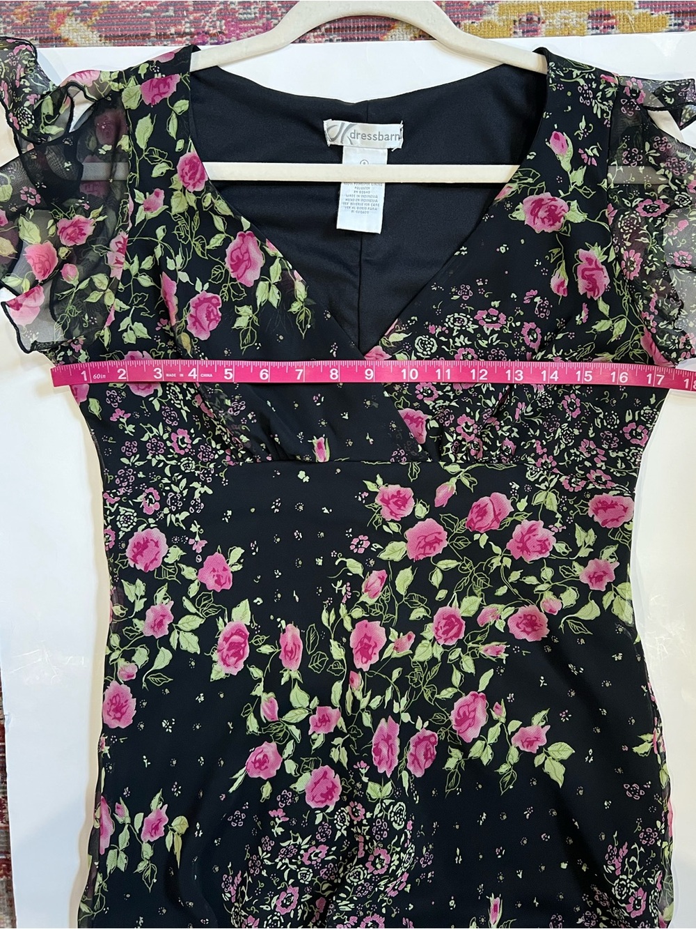 Vintage Dressbarn Y2K black midi dress with Pink Rose Print - Picture 11 of 15